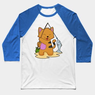 Cat as Fisher with Fishing rod & Fish Baseball T-Shirt